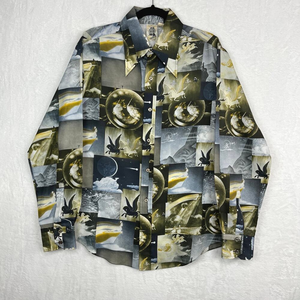 Vintage 70s Kennington Disney Fantasia Pegasus Button Up Dress Shirt Sz L‎ *read